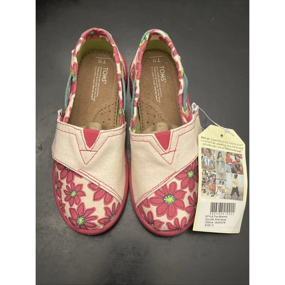Rare NIB Authentic TOMS Pink Daisy Bimini‎ Slip-On Shoe Bright Pink Youth Sz 11